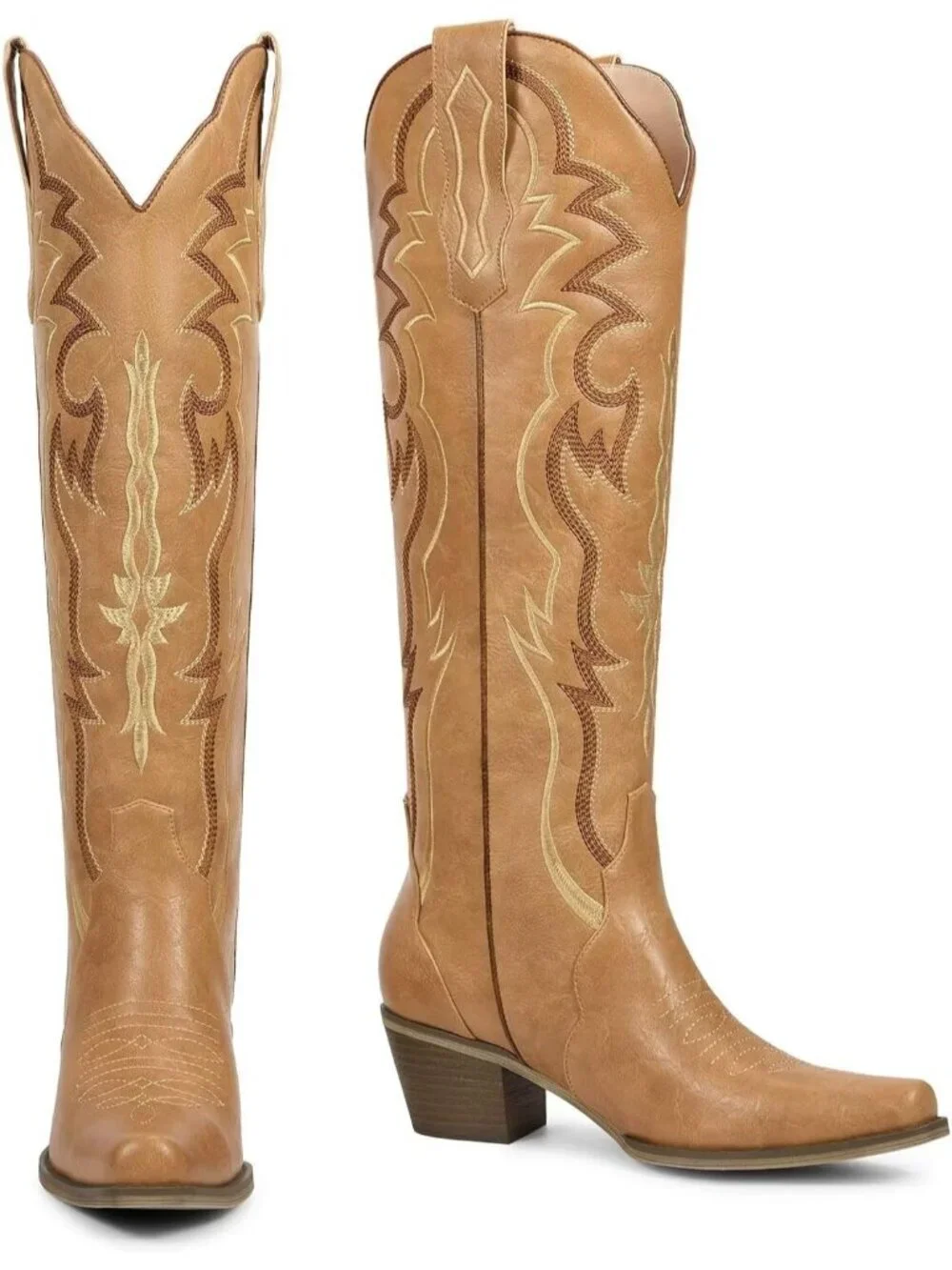 Women's Matte Tan Chunky Heel Slip on Pointed Knee High Cowgirl Tall Boots
